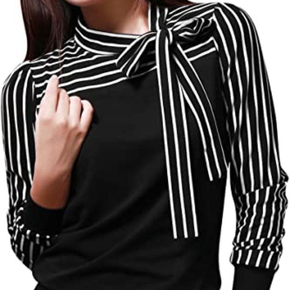Allegra K Ladies Tie-bow Neck Striped Long Sleeve Splicing Autumn Shirt, Black,